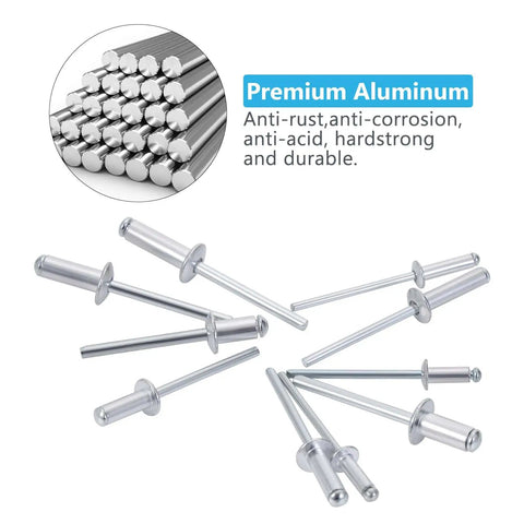 600 Or 1200 Piece Aluminum Pop Rivets Assortment Kit With 14 SAE Sizes Including 3/32 Inch, 1/8 Inch, 5/32 Inch, 3/16 Inch, Reinforced Divider And Labeled Case For Automotive DIY Projects And Repairs, showing premium aluminum rivets