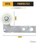 Seentech dryer idler pulley with mounting bracket; white plastic wheel, 2 1/16 in pulley diameter, 5.7 in bracket length