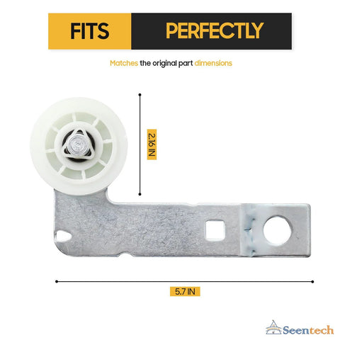 Seentech dryer idler pulley with mounting bracket; white plastic wheel, 2 1/16 in pulley diameter, 5.7 in bracket length