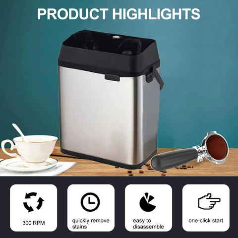 Top Shelf Electric Knock Box And Commercial Portafilter Cleaner, automatic stainless steel espresso grounds catcher.