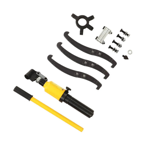 Heavy Duty 5 Ton Hydraulic Gear Puller Rock Solid Three Jaw Wheel Bearing Extractor kit with yellow handle and black puller arms.
