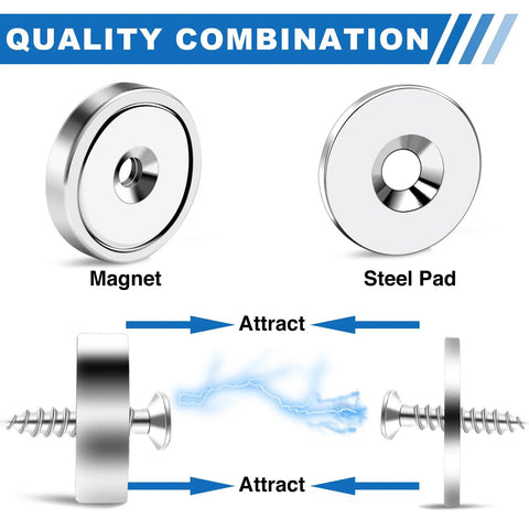 Heavy Duty Badass Neodymium Ultra Rare Earth Cup Magnets With Steel Caps, showing magnet and steel pad attraction mechanism.