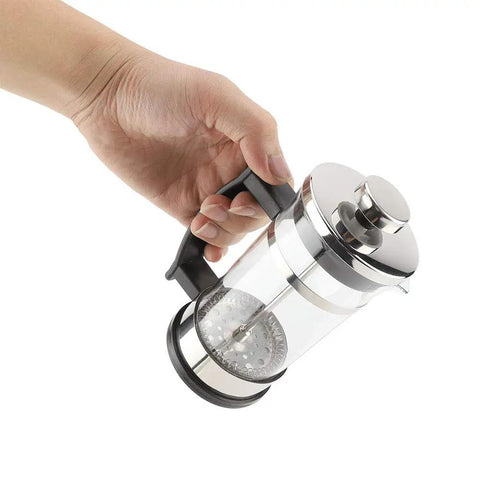 French Press Coffee Maker With Ergonomic Handle, Food Grade Stainless Steel Turkish Coffee Pot And Espresso Brewer, handheld view.