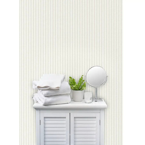 Premium Traditional Classic Pvc Free Professional Wallpaper Offering Subtle Linen Matte Texture in light tones, used behind towels and decor.