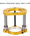 Heavy Duty Aluminum Router Table Lift System With Precision Handle Hassle Free Height Tuning For Woodworking Crews Fits 64 To 66 Millimeter Motors showing 70mm lifting stroke details.