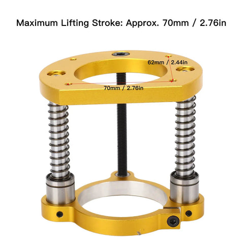 Heavy Duty Aluminum Router Table Lift System With Precision Handle Hassle Free Height Tuning For Woodworking Crews Fits 64 To 66 Millimeter Motors showing 70mm lifting stroke details.