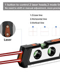 All In One Laser Level Line Tool With Tape Ruler, 3 Mode Laser Line Projection, Built In Bubble Level, No Fuss 4 In 1 Measuring Tool For Quick And Easy DIY Projects, Accurate Wall Alignment For Cabinets, Pictures, And More. black laser level with two heads and tape ruler