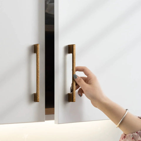 Hand opening cabinet with Six Pack Light Brushed Brass Cabinet Pulls In Zinc Alloy, modern kitchen hardware installation