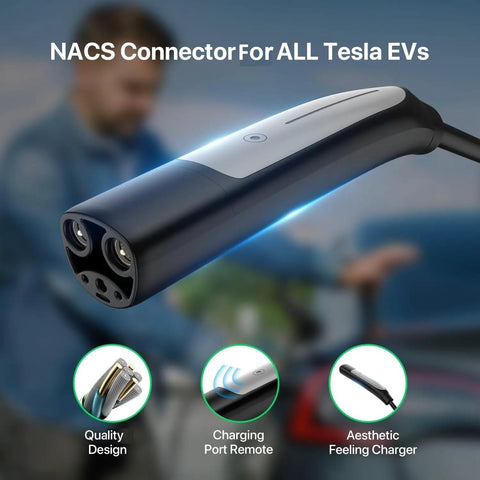 Close-up of the NACS connector for ALL Tesla EVs, part of the Straight Up Heavy Duty Level 2 EV Charger With 40 Amp Mobile Connector.