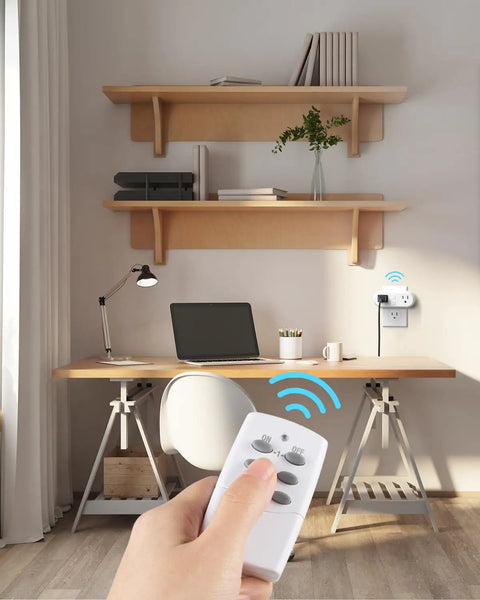 Dual Independent Socket Wireless Remote Outlet With 2 Switches, Space Saving Plug In Design on wall behind home office desk