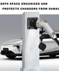 EV Charger Holder Wall Mount For SAE J1772 Connector on charging post with electric car in background