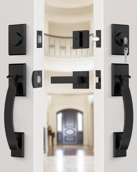 Matte Black Double Front Door Lock Set With Reversible Lever Handle And Dummy Door Handle on white double doors