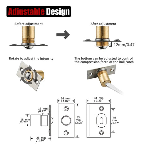 Stainless Steel Closet Door Ball Catch Hardware Kit With Adjustable Ball And Strike Plate Brushed Satin Finish 2 Pack diagram