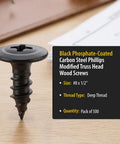 Get Your Hands On These Number 8 X 1/2 Black Modified Truss Head Wood Screws 500 Pack with deep threads on a wooden surface.