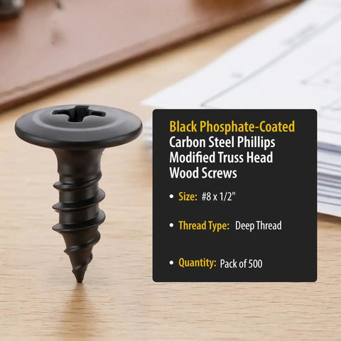 Get Your Hands On These Number 8 X 1/2 Black Modified Truss Head Wood Screws 500 Pack with deep threads on a wooden surface.