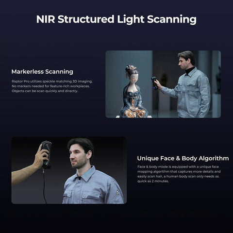 Raptor Pro 3D Scanner Delivers Metrology Grade Accuracy Up To 0.02mm At 60FPS With Blue Laser Array And NIR Structured Light For Fast, Pinpoint Precision Scans Of Medium To Large Objects For 3D Printing. NIR structured light scanning of a figurine and face scan