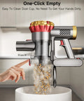 Front view of AIPOWAY cordless stick vacuum cleaner; silver-gray body with gold cyclone, red accents.