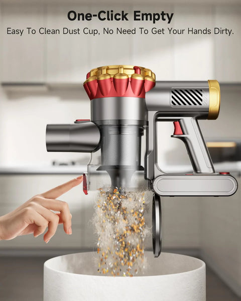 Front view of AIPOWAY cordless stick vacuum cleaner; silver-gray body with gold cyclone, red accents.