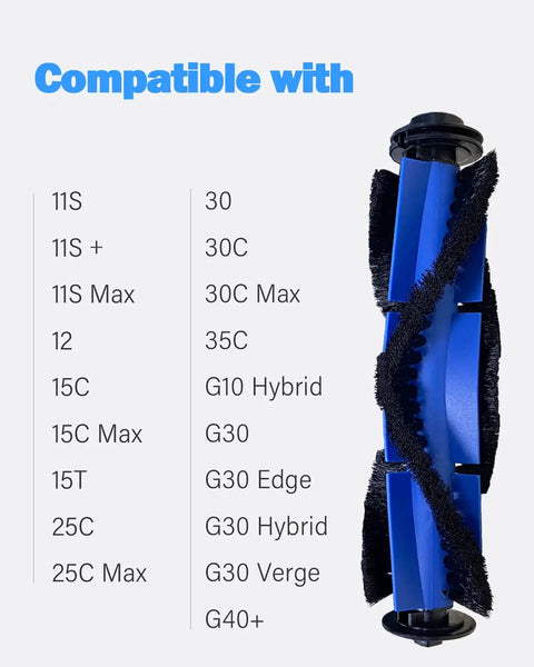 Two Pack Pro Replacement Roller Brush Kit For Eufy RoboVac 11S 11S Max 25C G30 G30 Hybrid G30 Edge Verge G32 G10 Hybrid 30C 30C Max 15C 15C Max 35C Durable Cleaning Rollers shown with compatibility list and blue roller brush