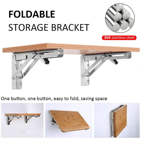 Beefy 10 Inch Folding Shelf Brackets Set of 2 holding wooden shelf, space saving wall mount, stainless steel, max load 550 lb