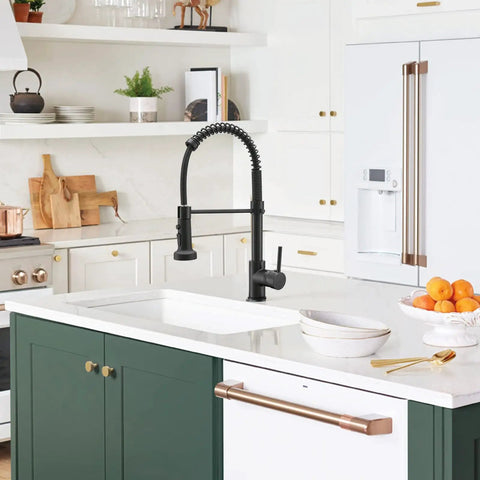 Dope Matte Black Kitchen Faucet With Pull Down Sprayer, 3 Function Spray Head installed in a modern kitchen setting