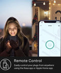 Person using phone to control Outdoor Smart Plug With Two Sockets, Weatherproof IP64, Works With HomeKit Siri, Alexa, and Google Home.