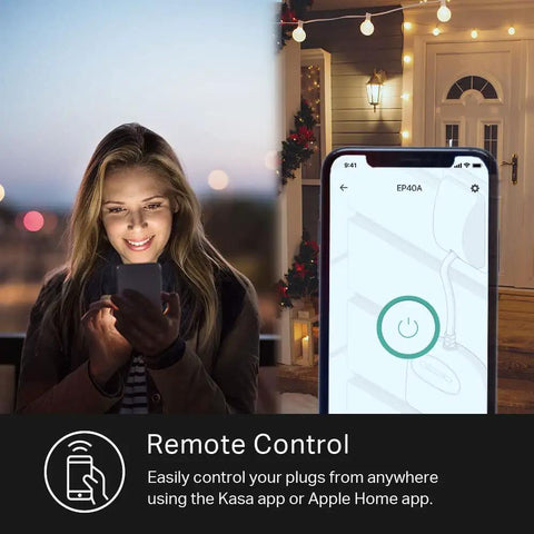 Person using phone to control Outdoor Smart Plug With Two Sockets, Weatherproof IP64, Works With HomeKit Siri, Alexa, and Google Home.