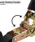 Heavy Duty Ratchet Tie Down Straps Six Pack One Inch Wide By Six Feet Long Black Polyester Cargo Hauling And Motorcycle Tie Downs With Tough As Nails Hardware ratchet buckle close-up detail.