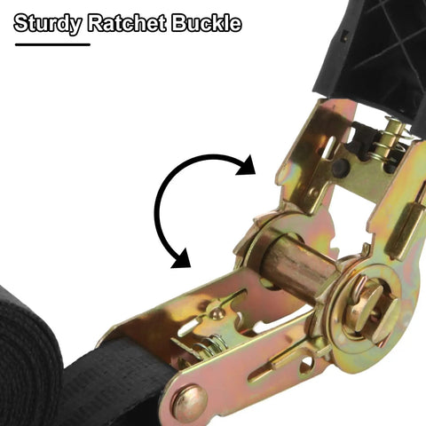 Heavy Duty Ratchet Tie Down Straps Six Pack One Inch Wide By Six Feet Long Black Polyester Cargo Hauling And Motorcycle Tie Downs With Tough As Nails Hardware ratchet buckle close-up detail.