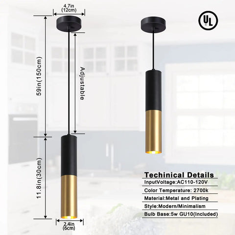 Get These Cool Black And Gold Modern Pendant Lights With Adjustable Cords Cylinder Design Perfect For Kitchen Island Dining Bedroom Living Room Vibes, shown with dimensions and technical details.