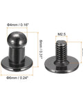 4mm Ball Head Rivet Set With Screws, 20 Pack Round Button Nipple Rivets For DIY Leather Craft, Metallic Black Finish, dimensions shown
