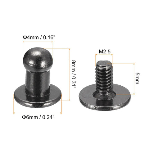 4mm Ball Head Rivet Set With Screws, 20 Pack Round Button Nipple Rivets For DIY Leather Craft, Metallic Black Finish, dimensions shown