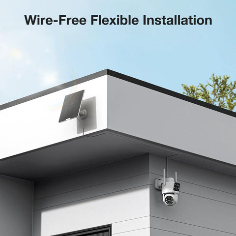 Dual Lens Solar Wireless Outdoor Security Cameras No Blind Spots With 2K Full HD Video And 360 Degree Pan Tilt Color Night Vision Easy Install PIR Motion Alarm 2.4GHz WiFi Ready mounted on a building corner next to a solar panel.