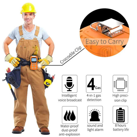 Man wearing Ready To Use 4 Gas Detector With Electrochemical Sensors for LEL O2 CO H2S, harnessed to tool belt