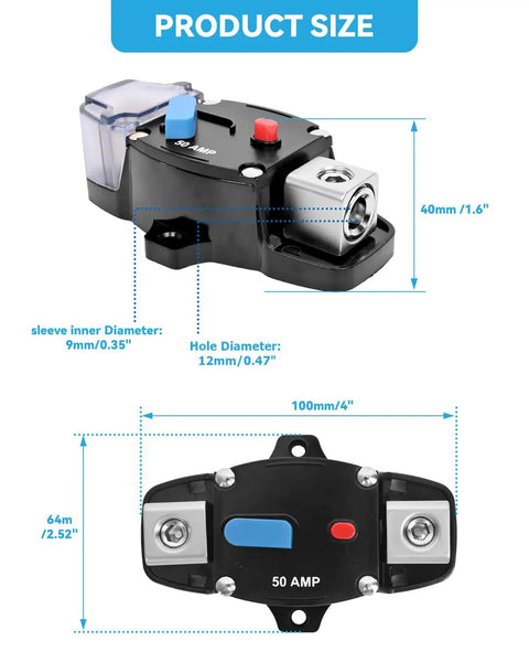 Badass 150 Amp Circuit Breaker With Manual Reset Waterproof Inline Fuse Protector For Marine Trolling Motors Boat And Atv Rigs Rig Ready Surface Mount 12V To 48V Dc No Sweat Engine Protection with size dimensions shown.