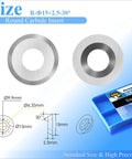 Ten Piece Round Tungsten Carbide Lathe Knife Inserts With Mounting Hardware For Woodturning Gear featuring 15mm diameter and 2.5mm thickness.
