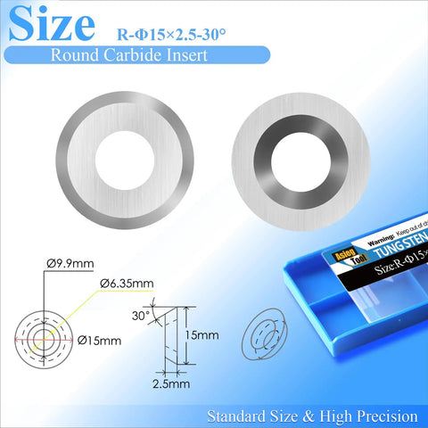 Ten Piece Round Tungsten Carbide Lathe Knife Inserts With Mounting Hardware For Woodturning Gear featuring 15mm diameter and 2.5mm thickness.