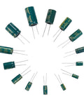 Aluminum Electrolytic Capacitor Kit, 135 Pieces in 19 Values, capacitors arranged in a circle showcasing size and type variety.