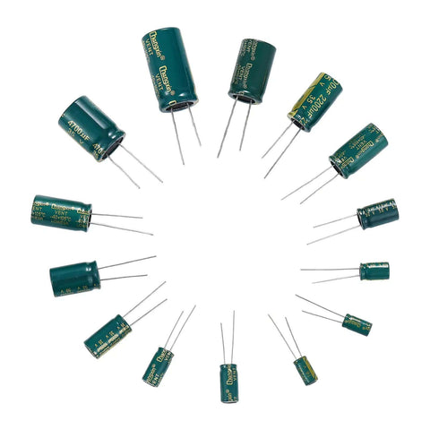 Aluminum Electrolytic Capacitor Kit, 135 Pieces in 19 Values, capacitors arranged in a circle showcasing size and type variety.
