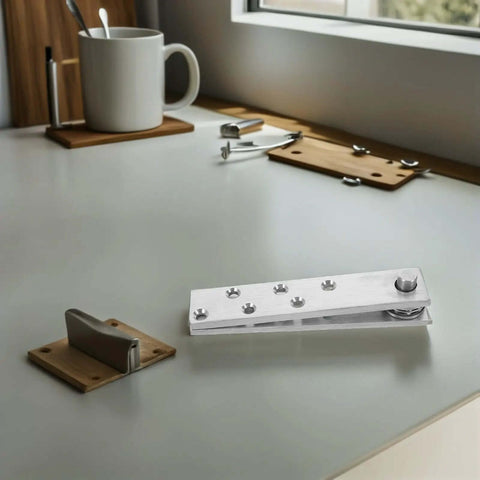 Heavy Duty Stainless Steel Hidden Door Pivot Hinge With 360 Degree Rotation for Secret Doors and Bookshelves, displayed on desk