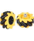 Two yellow MECCANIXITY Mecanum wheels with black rubber rollers, 48mm diameter, 2-pack for omnidirectional robot cars.