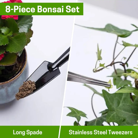 8 Piece Bonsai Tool Set With Pruners, Folding Scissors, Mini Rake, Tweezers And Spades, Bud And Leaf Trimmer For Precise Pruning And Plant Care, An All In One Kit For Hobbyists; shown using spade and tweezers on plants