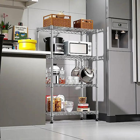 Rock Solid Heavy Duty 4 Tier Steel Wire Storage Rack With Durable Chrome Finish Adjustable Height Shelving Unit For Garage Kitchen Or Office Organization 1000 Lb Capacity in a kitchen with cookware and food containers.