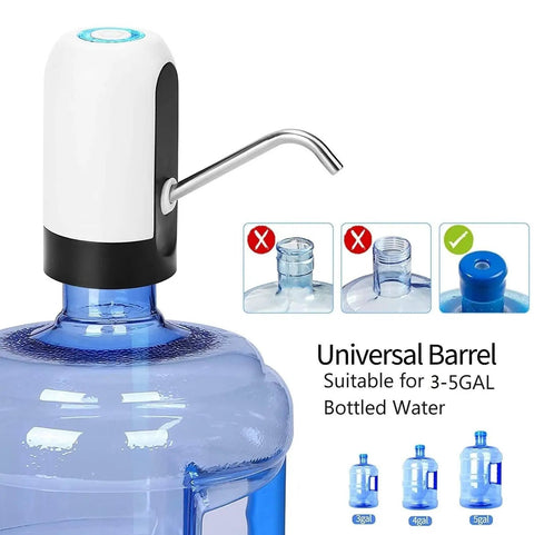 Portable USB Charged Water Pump For 3 To 5 Gallon Jugs Electric Drinking Water Dispenser in white on a 3-gallon bottle