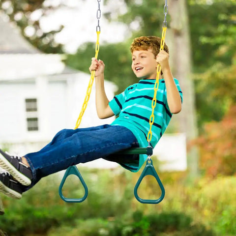 Child on Heavy Duty Gym Rings Trapeze Swing Bar with 16 Inch Bar and 47 Inch Chain in backyard playground