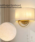 Vintage Linen Fabric Brass Gold Wall Sconce Light for Hallway, Bedroom with moisture-resistant fabric shade detail.