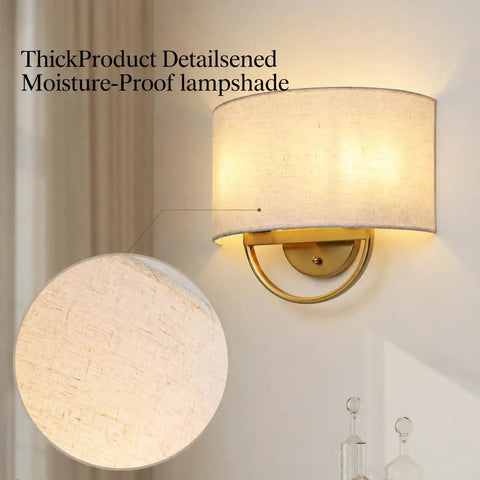 Vintage Linen Fabric Brass Gold Wall Sconce Light for Hallway, Bedroom with moisture-resistant fabric shade detail.