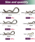Display of stainless steel hitch pin clips in six sizes from 20mm to 60mm, part of an 80-piece set for trucks and engine repair.