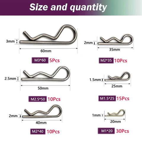 Display of stainless steel hitch pin clips in six sizes from 20mm to 60mm, part of an 80-piece set for trucks and engine repair.