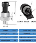 0 To 100 PSI Pressure Sensor Transducer For Fuel Oil Air And Water With One Eighth Inch NPT Thread And Harness Kit 316 Stainless Steel Automotive Marine And Truck Compatible, front and side view with specifications.